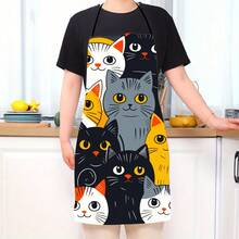Cute Cat Pattern Polyester Apron Vibrant Cartoon Cats With Hearts & Stars DesignKitchen Apron For Cooking, Baking Home Decor - D - View 6