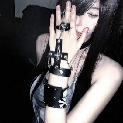 1 pezzo Anello guanto nero gotico, braccialetto punk con decorazione a teschio e croce, accessorio da polso stile Y2K