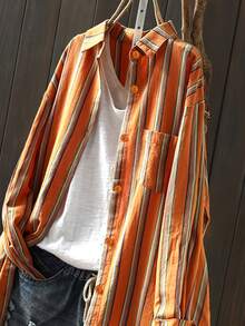 Women's Vintage Vertical Striped Shirt - Loose Mid-Length Casual Outerwear, Slouchy Style Layered Long Sleeve Top, Suitable For All Year Round - Burnt Orange - View 3