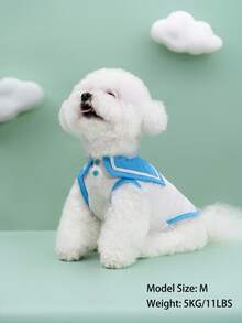 海军蓝领薄款透气网眼夏季宠物服装，适合小型犬 - 藍白色 - 查看 3