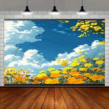 2D Flat, 2D Flat - 2D Flat, 2D Flat - A Single Of 2D Flat Bkground Cloth - Yellow Floral Landscape Pattern, 1pc Photography Bkdrop Banner, Bkground Decoration For Rooms - 1PC - View 3