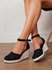 女士厚底坡跟一脚蹬鞋，女士厚底坡跟草编凉鞋，人造革坡跟凉鞋，夏季假日黑色圆头3.15英寸高跟踝带一脚蹬鞋，舒适编织草镂空鞋，尺码34-43（大码/小码），女士高跟鞋，女士高跟凉鞋，女士高跟鞋，优雅女鞋 - 黑色 - 查看 6