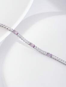1 Set Luxury Elegant Cubic Zirconia Inlaid Rectangular Bracelet, Suitable For Women's Wedding & Party Wear, Excluding Gift Box - View 3
