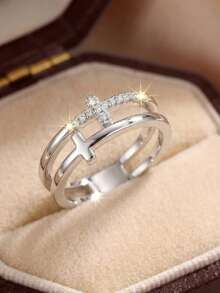 1枚极简设计立方氧化锆镶嵌十字铜双层可叠戴戒指 - 白色 - 查看 1