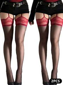 1件装女士黑色/红色蕾丝细带性感吊带袜，适合派对、春夏穿着 - 彩色 - 查看 13