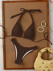 Women's Solid Color Halter Tie Sexy Bikini And Triangle Panty Swimwear Set, Suitable For Beach, Vacation, Date, Party In Spring/Summer - Coffee Brown - View 3