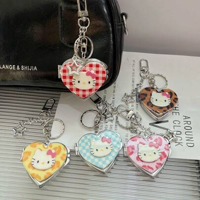 SANRIO 1个时尚可爱KT猫心形镜面钥匙扣，猫咪镜面钥匙扣，心形镜面钥匙扣，领结猫咪钥匙扣，便携式镜面钥匙扣，KT猫包挂饰，女孩背包配件，适用于包包、背包、车钥匙或手提包，非常适合旅行、日常使用和特殊场合，生日礼物，派对小礼物，汽车配件，耳机盒配件，学习配件，最佳礼物，可爱哥特/Y2K风格