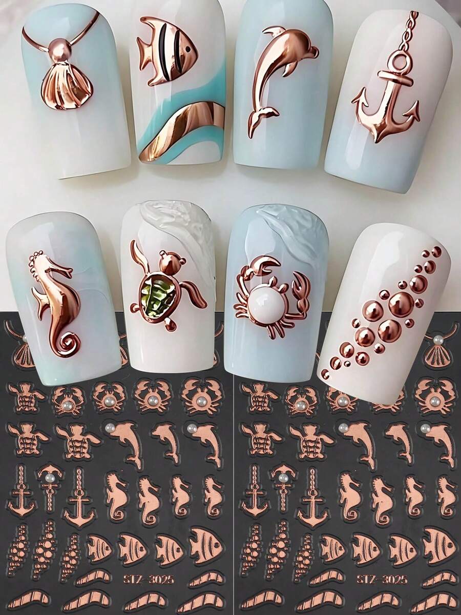2 miếng dán móng tay hình động vật biển mùa hè màu vàng hồng với họa tiết vỏ sò dập nổi hình cá heo, rùa, cá nhiệt đới, cua, mỏ neo, bong bóng biển, đại dương, bãi biển, kỳ nghỉ, đồ trang trí móng tay tự làm cho ngày lễ. - Nhiều màu - Xem 1