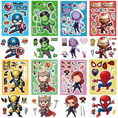 Marvel 8张超级英雄DIY贴纸，复仇者联盟、蜘蛛侠等全角色，生日礼物/派对/课堂奖励，独家款