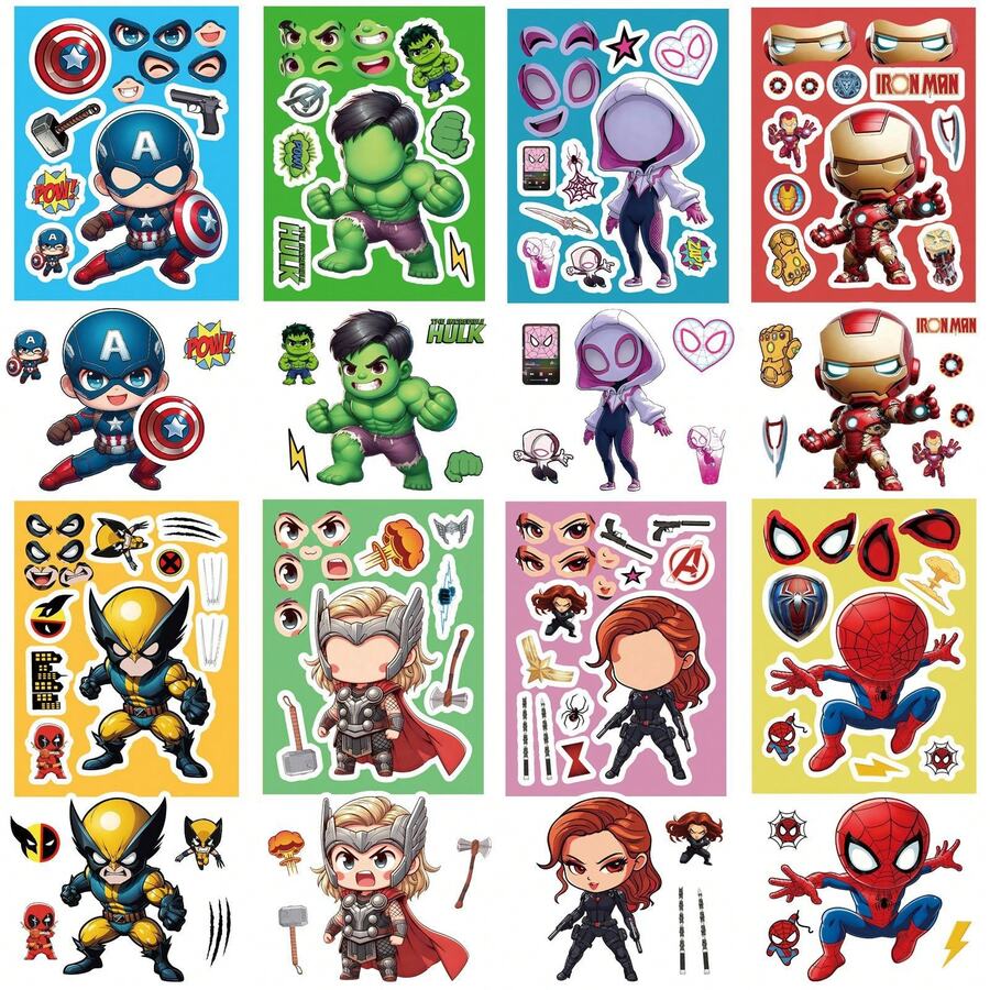 Marvel 8 piezas Pegatinas DIY de superhéroes Avengers Spider Man Regalos exclusivos para cumpleaños/fiestas/recompensas en el aula - Multicolor - Ver 1