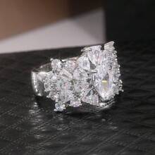 Nhẫn đính hôn kiểu cổ điển, đính đá Cubic Zirconia tổng hợp 3D hình quả lê, trang sức tinh tế mang phong cách nghệ thuật trang trí. - Bạc - Xem 2