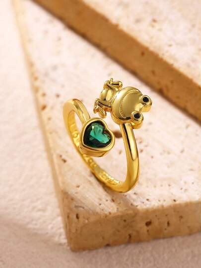 1 pieza Anillo de rana lindo para mujer con zirconia verde en forma de corazón, color dorado, anillo de boda de moda estética, regalo perfecto para todas las ocasiones