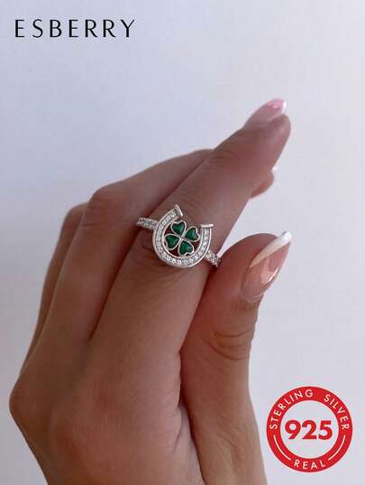 ESBERRY 1枚女士复古纯银幸运马蹄铁四叶草戒指，适合日常佩戴、派对装饰、节日礼物、精致珠宝礼品