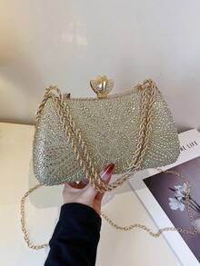 Dedoo 1pc Shiny Gold Rhinestone Decorated Elegant Women's Clutch Bag, Suitable For Evening Party, Wedding, Cocktail - Gold - View 4