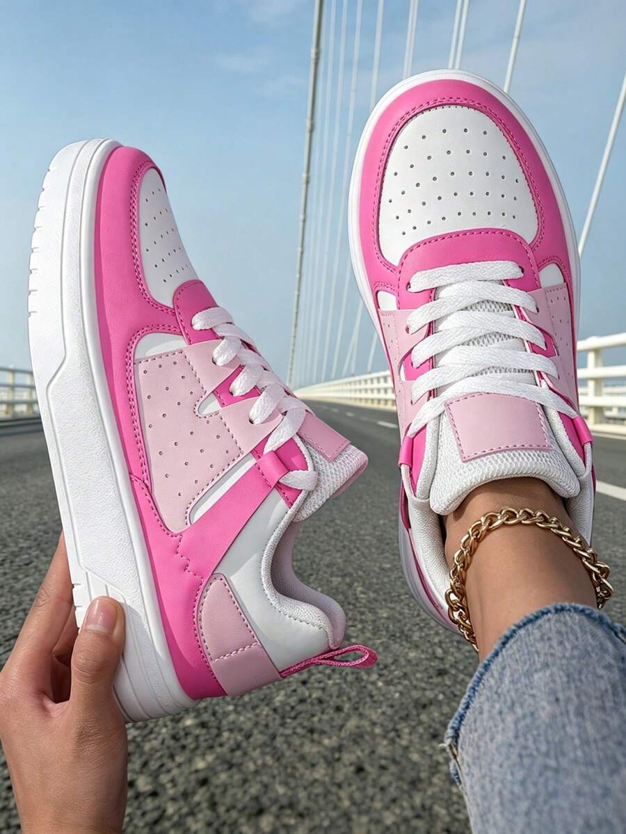 Women's Pink And White Platform Sneakers - Raw Hem Denim Style With Gold Ankle Chain For Campus Comfort, Year-Round Shoes For Women - Màu Hồng Tươi - Xem 1