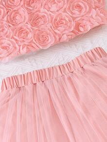 2pcs/Set Girls' 3D Rose Floral Camisole And Mesh Shorts Set, Suitable For Party And Outdoor Wear, Summer - Pink - View 6
