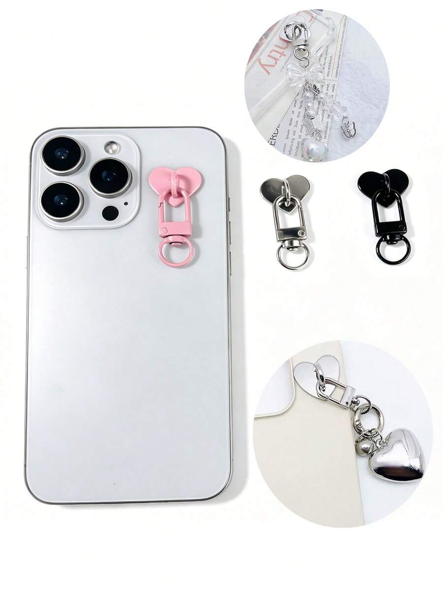 Capa de Telefone 2 em 1 com Adesivo em Forma de Coração + Gancho para Cordão, Alça de Cordão para Smartphone DIY, Material de Liga Metálica com Autocolante, Fixação Sem Arranhões, Acessório para Capa de Telefone e Bolsa, Decoração de Chaveiro para Smartphone - Multicolorido - Visão 1