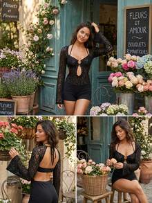 Your Ultimate Resort-To-Party Jumpsuit - A Stunning Guipure Lace Top With Sleek Built-In Shorts - 黑色 - 查看 7