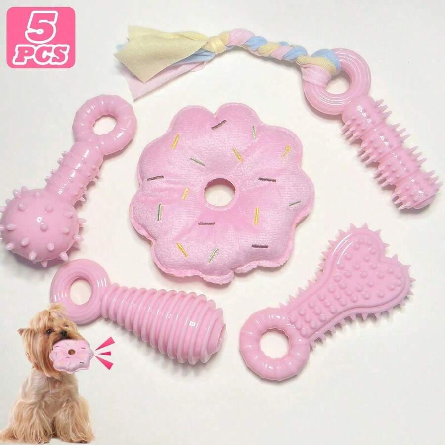 5pcs Dog Toys Set, Soft Rubber Puppy Teething Toys, Bone Shaped Balls, Rubber Ropes, Suitable For Small Dogs & Cats, Cleaning Teeth, Interesting Chewing Sounds, Water Play, Easy To Clean, Multi-Purpose - Multicolor - View 1