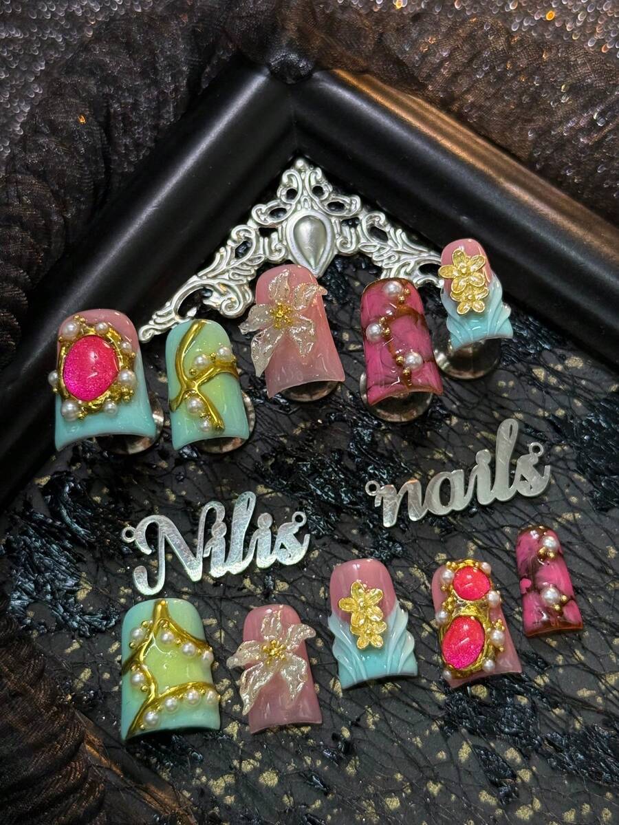 10pcs Handmade Full Coverage Short Duck Nails, Mint Green, Pink And Rose Red Colors, Removable And Reusable, Vintage Baroque Palace Style, Suitable For Parties, Festivals And Travel, With Jelly Glue And Nail File