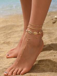 4 piezas Conjunto de tobilleras doradas con capas estilo bohemio para mujeres, cadena de pie con cuentas de concha cowrie, joyería de verano para playa y vacaciones - Dorado - Ver 4