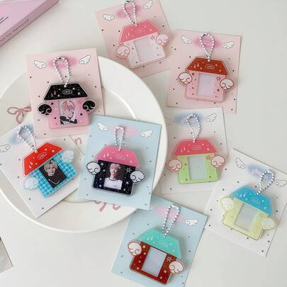 1pc Cute Shiny Mini House Photo Frame Keychain, Cartoon Angel Wing Card Holder, Transparent Pendant Photo Frame, DIY Card Holder, ID Card Holder (3 Inch), Fan Card Holder, Korean Style Photo Card Holder With Keychain, Y2K Korean Photo Card Holder, Backpack/Shoulder Bag Accessory, School Supplies, Back To School Gift