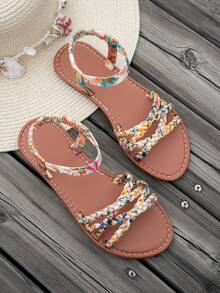 Women's Bohemian Woven Criss-Cross Strap Flat Sandals, Round Toe, Comfortable Vacation Style, Beige, Summer Casual Sandals For Home, Party, Gathering, Minimalist European And American Beach Flat Sandals With Shiny Vamp Design And Non-Slip Insole - Beige - View 6