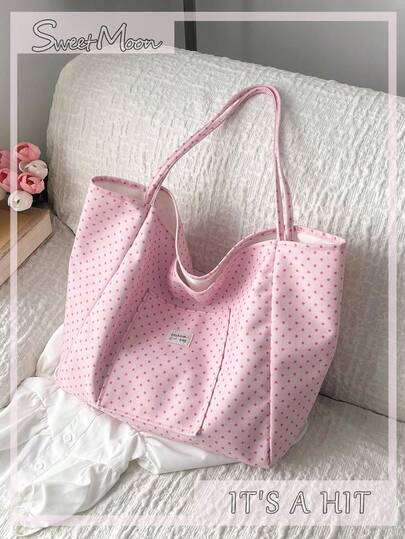 This Pink Fabric Casual And Fresh Polka Dot Pattern Tote Bag Features A Sweet Design With Letter Labels, Comfortable Shoulder Strap, Open Top, And Large Interior Capacity. It's A New Spring/Summer Item, Perfect For School, Travel, Shopping, Dates, And As A Gift. Ideal For Women, Teenagers, Female College Students, Beginners, And Office Workers. Perfect For The Office, University, Work, Business, Commuting, Outdoor Activities, Travel, Outings, Backpacks, And More. Portable And Spacious, It's Ideal For Teenagers And Female College Students.