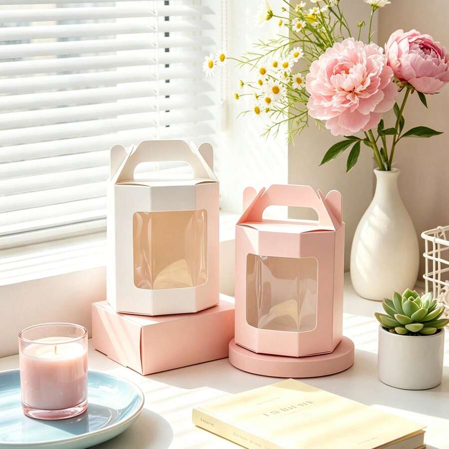 Hộp trưng bày trong suốt 10/20 chiếc, màu trắng/hồng, hộp quà gấp gọn có cửa sổ nhìn thấy được, dùng để trưng bày đồ thủy tinh, nến, hoa khô, bao bì bán lẻ cho các dịp lễ, sinh nhật, tiệc tùng. - Tủ trưng bày hình bát giác - cỡ nhỏ - Xem 1