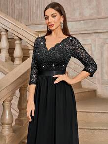 MIUSOL Elegant V-Neck Sequin Floral Lace Ruched Chiffon 3/4 Sleeve Prom Party Swing Dress, Spring Summer Dress, A-Line Dress, Midi Dress Black - Black - View 9