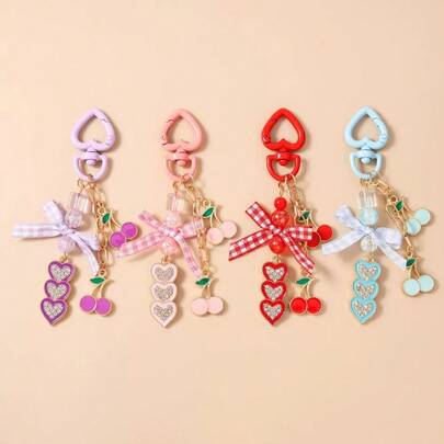 1件装女士时尚水果蝴蝶结樱桃爱心钥匙扣，百搭简约吊坠