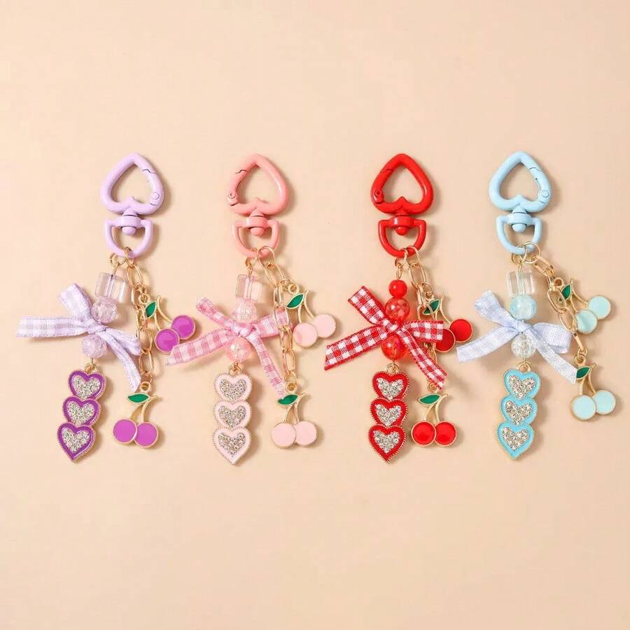 1pc Women's Fashion Fruit Bow Cherry Heart Keychain, Versatile Minimalist Pendant - Multicolor - View 1