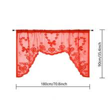 1 pieza Cortina de encaje rojo romántico con lazo de rosa en forma de corazón melocotón, cortina transparente romántica elegante para café, con bolsillo para barra, adecuada para dormitorio, comedor, baño, ventanas pequeñas de entrada, decoración de boda - Rojo - Ver 6