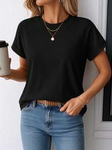 Plus Size Women's "Keep It 100" T-Shirt | Neon Green Text Paired With An Eye-Catching Design, A Casual Crew Neck T-Shirt Suitable For Casual Wear, The Fabric Has A Slight Stretch, Suitable For All Seasons. - Black - View 2