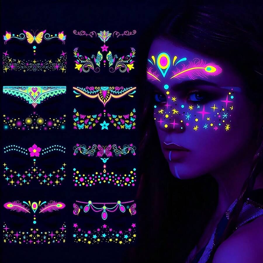 夜光花卉手臂防水临时纹身贴纸,音乐节手臂纹身贴纸,适用于演唱会、夜店、派对的发光纹身贴纸,多种颜色可选,防水面部和身体彩绘贴纸 - 彩色 - 查看 1