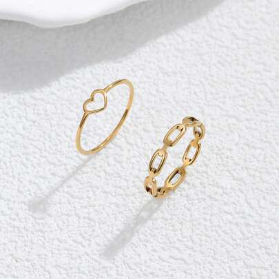 Set de 2 anillos de acero inoxidable con diseño de corazón hueco y rectángulo dorado para niñas, diseño minimalista y elegante, adecuado para uso diario o como regalo