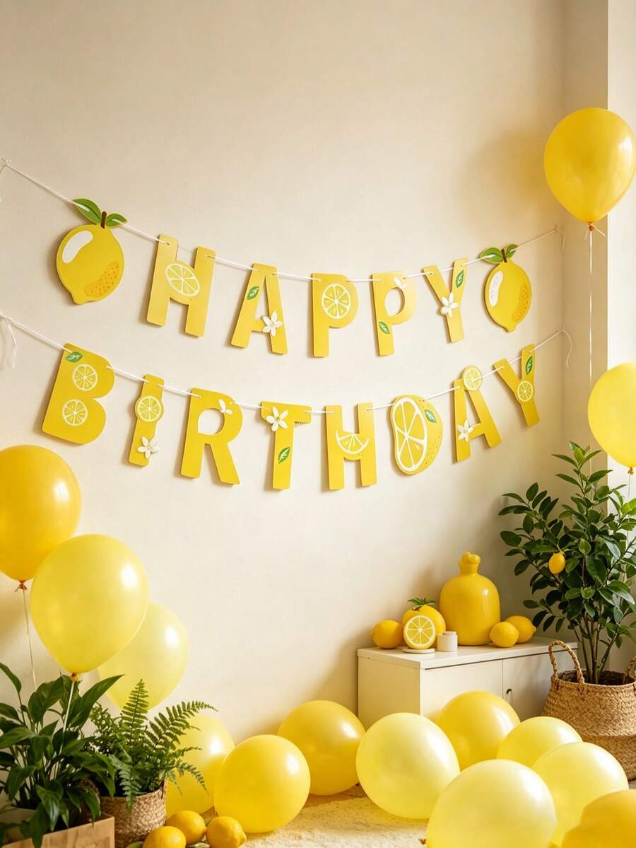 1件柠檬主题生日快乐横幅，宝宝生日派对背景装饰挂旗，可爱柠檬图案生日拉旗，一周岁生日派对装饰，迎婴派对装饰，性别揭晓派对装饰，家居装饰，室内外装饰，墙面装饰，春夏装饰，背景横幅，派对礼品，柠檬主题派对用品，生日派对必备