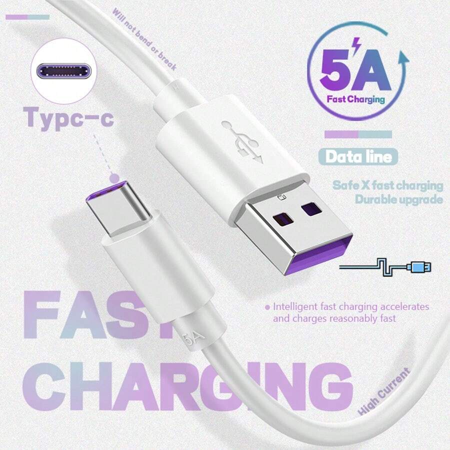 5A Super Fast Charging Data Cable USB To Type-C Suitable Android Flash Charging Data Cable 0.3m 1m 1m 1.5m 2m Fast Charging - White - View 1