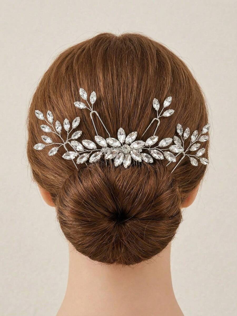 5PCS/SET Silver Rhinestone Bridal Hair Comb & Pins Set, Crystal Leaf Wedding Hair Accessories,Bridal Silver Rhinestone Hair Accessories Set, 1 Hair Comb And 4 U-Shaped Hair Pins,Festival,Birthday