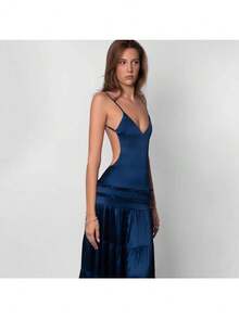 Fashion Casual European And American Navy Blue Suspender V-Neck Cake Skirt Multi-Layer Splicing Sexy Backless Slim Temperament Dress - blue01 - 查看 2