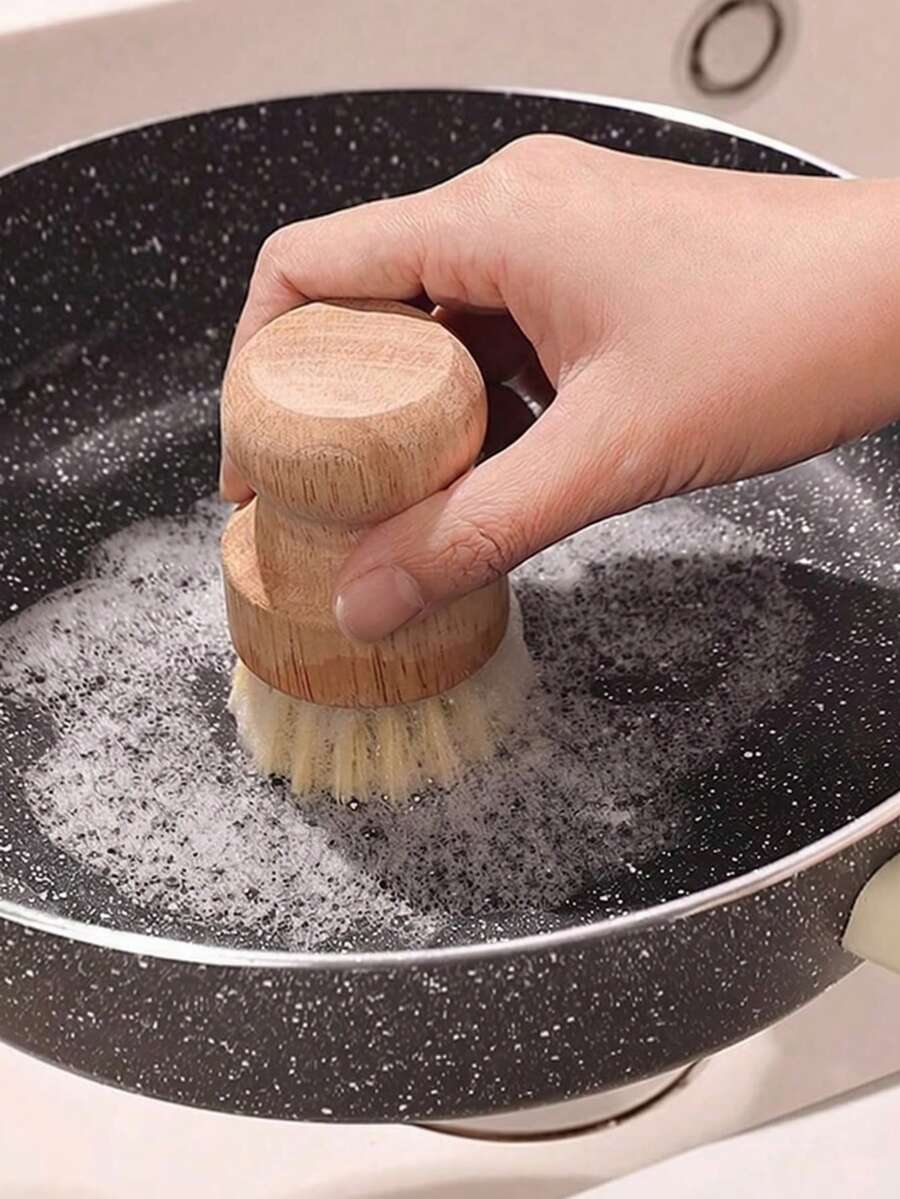 3pcs Plant Cleaning Brush Set | En Handle With Metal Drainage Rack, Non-Damaging Bristles, Ideal For Kitchen Grease Cleaning, Essential For Daily Cooking - Brown - View 1