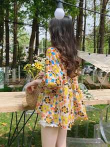Summer New Loose Sweet 3/4 Sleeve Round Neck Doll Shirt, Fashionable Batwing Sleeve Floral Blouse Vacation Spring - Ginger - View 4