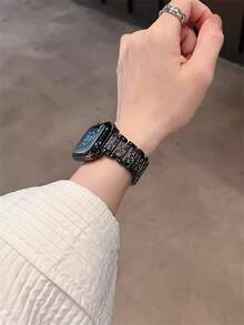 1 chiếc dây đeo đồng hồ , unisex, trang sức thời trang sáng bóng, vòng tay kim loại màu đen, tương thích với Apple Watch 38mm 40mm 41mm 42mm 45mm 46mm 49mm, dòng Watch Series 10/ 9/8/7/6/5/4/3/2/1/SE/Ultra, dây đeo có thể điều chỉnh, dây đeo kim loại thép không gỉ đính kim cương. - màu đen - Xem 6