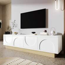 Modern TV Unit With Wooden Insert – 175 Cm – Minimalist Curved Design – Plenty Of Storage And Cable Management Space, White, Black. - White - View 2