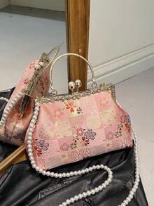 Bolso de embrague bordado con estampado de cuadros, bolso bandolera con perlas falsas, bolso de noche retro, bolso de vestido formal - Rosa - Ver 3