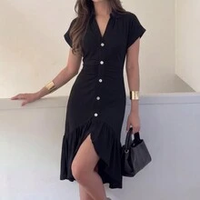 VIBEWAVE 2026 Summer New Women's V-Neck Fitted Long Dress, Midi Dress - Black - View 3