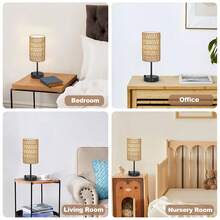 Touch Table Lamp For Bedroom With Bulb, Boho Small Desk Lamp For Living Room With Rattan & Linen Shade, 3 Way Dimmable Bedside Table Lamp For Nightstand With USB Charging Port & Phone Stand For Office - Visa 7