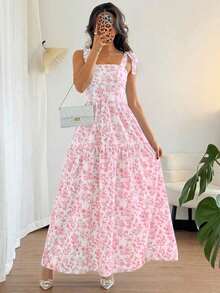 Vestido largo con estampado floral plisado y volantes elegante francés, vestido con volantes sin mangas y escote en V, nuevo vestido de gala azul claro de verano para señoras - Rosa - Ver 1