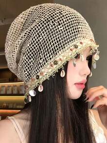 1pc Bohemian Style Shell Pendant Beanie Hat, Vintage Hollow Out Breathable Sunhat For Women, Spring/Summer,Beach,Travel - Seashell Tassel Hat - View 3