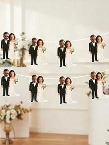 7pcs Custom Photo Wedding Banner Personalized Bride Groom Bunting,Personalized Custom Face Wedding Garland Funny Couple Caricature Decor,Custom Text Wedding Banner Bride Groom Caricature Hanging Decor - Multicolor - View 6